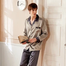 Шелковые пижамные комплекты, мужские весенние летние новые пижамы из искусственного шелка, мужские двухцветные пижамы с длинными рукавами, 2 предмета, X9005