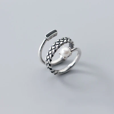 Authentic 925 Sterling Silver Retro Multi Layers With Pearl Open Ring For Women Adjustable Fashion Jewelry 