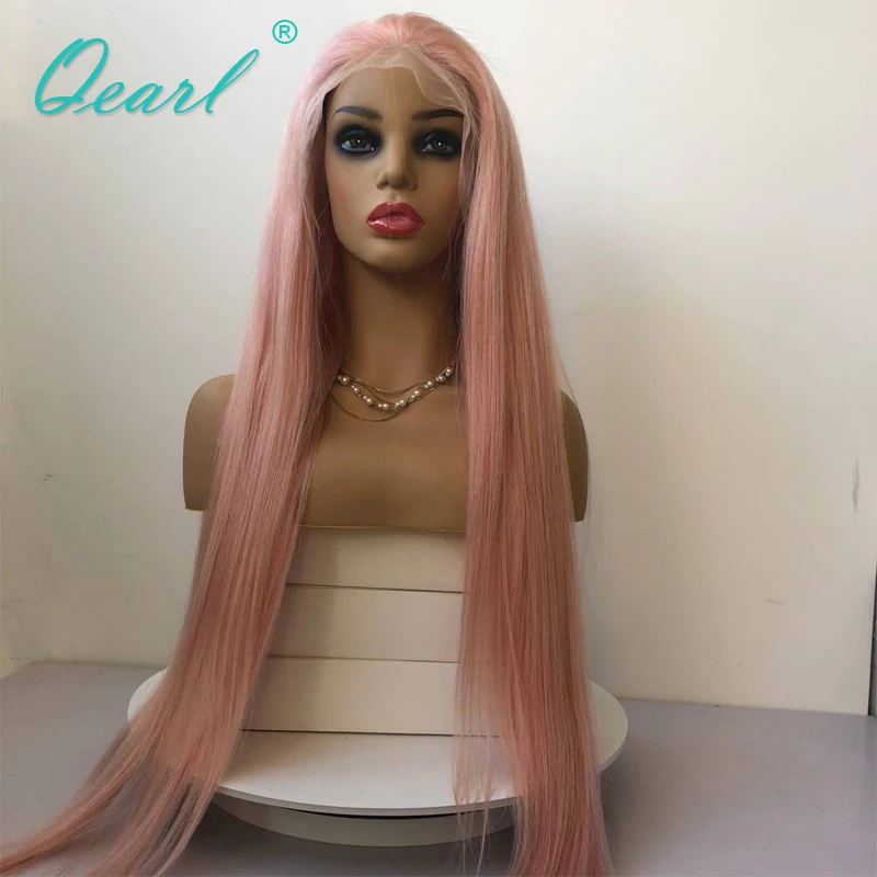 Парик натуральные волосы парики розовый цвет прозрачного кружева бесплатная часть бразильский Прямо Волосы remy с детские волосы толстые Qearl