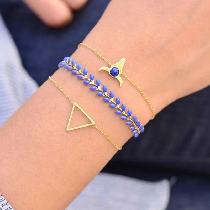 

HuaTang Bohemia Gold Color Bull Head Triangle Blue Beaded Leaf Layered Bracelet Set for Women Girl Bangle Bracelets Jewelry5632