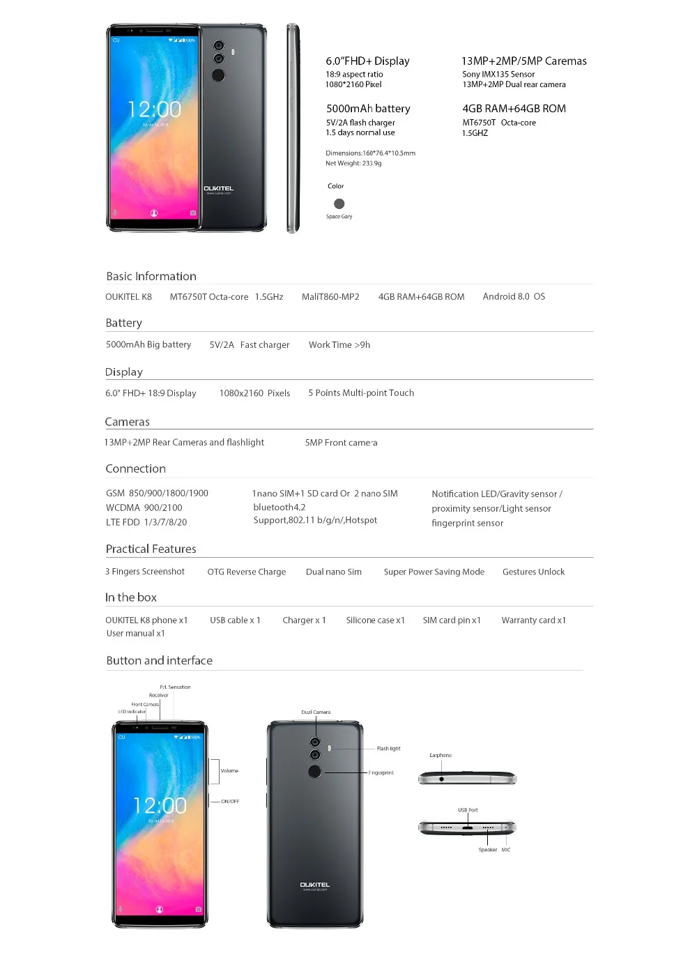 OUKITEL K8 4G мобильные телефоны Android 8,0 4 Гб+ 64 Гб MT6750T восьмиядерный смартфон 5000 мАч с функцией распознавания лица 6,0 дюйма, отпечаток пальца, сотовый телефон
