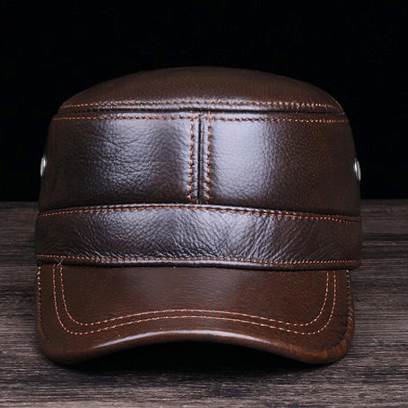 

Svadilfari new 2018 Thicken Men Flat Cap Men's cowhide Military with Earflaps Man High Quality Winter Warm leather Hat