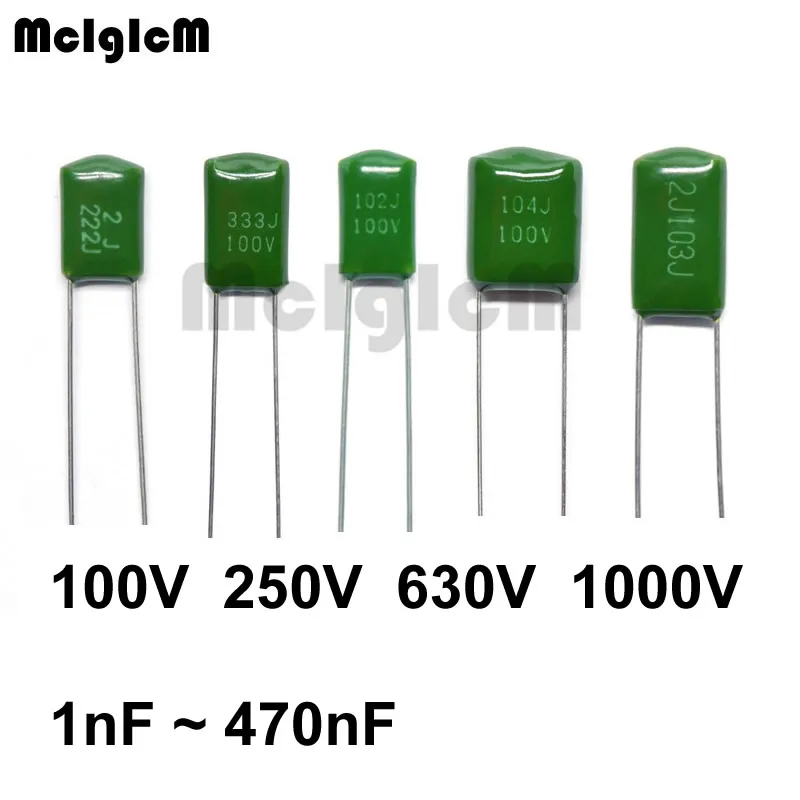 McIgIcM 1000 шт. полиэстеровый пленочный конденсатор 100V 250V 630V 1000V 1nF 1.5nF 2.2nF 3.9nF 100nF 2A102J 2A152J 2J222J 2A392J 2A104J
