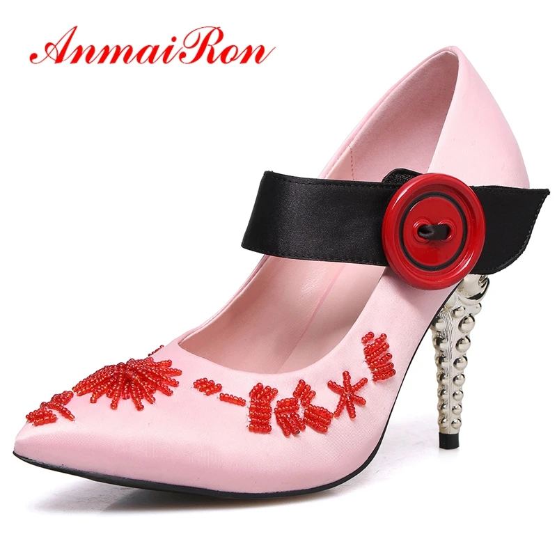 

ANMAIRON Silk Pointed Toe Casual Slip-On Zapatos De Mujer De Moda 2018 De Vestir Basic Super High Woman Shoes Size 34-39 LY519