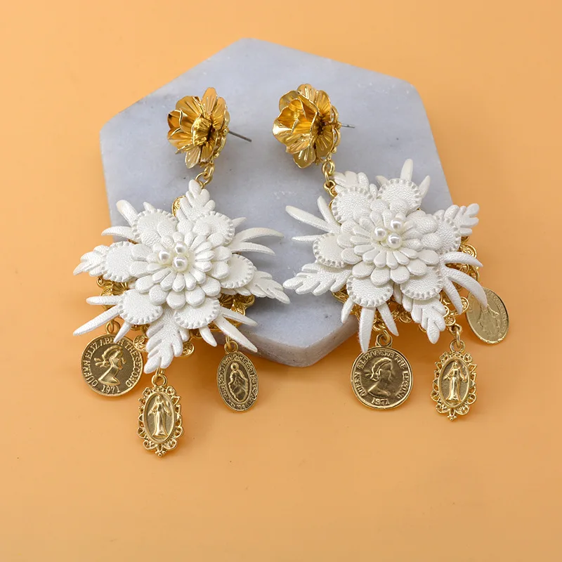 White & Pink lace leather flower pearl earrings fashion jewelry