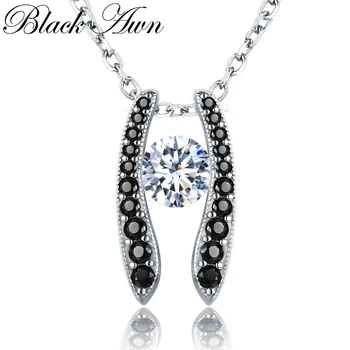 

[BLACK AWN] Romantic 925 Sterling Silver Jewelry "H" Necklace for Women Black Spine Female Gift K009