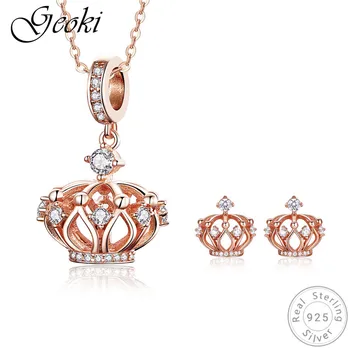 

Geoki 925 Sterling Silver Rose Gold Micro Cubic Zirconia Crown Pendant Necklace&Stud Earrings Original S925 Princess Jewelry Set