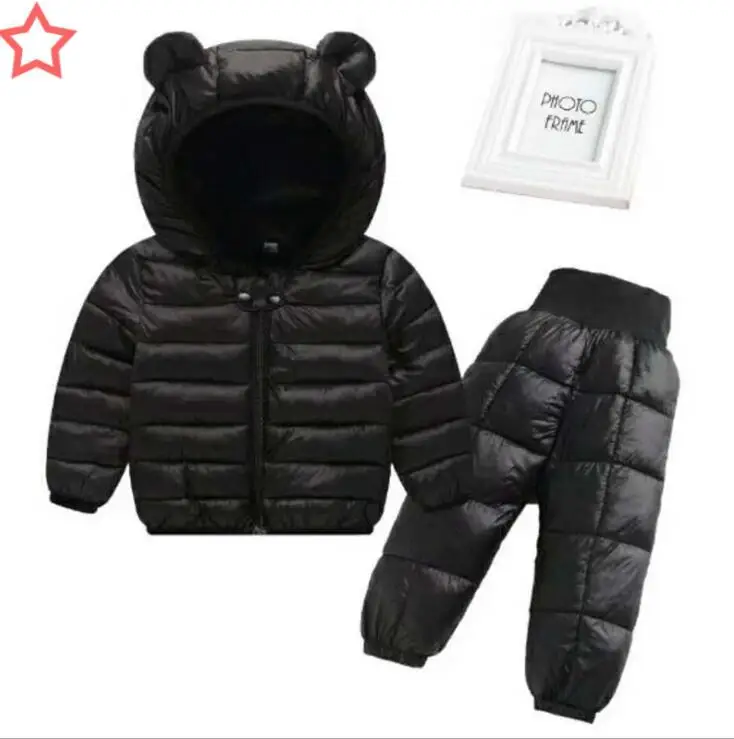 Новая зимняя куртка с капюшоном для маленьких мальчиков и девочек 1-5 лет, пальто+ брюки, водонепроницаемый теплый зимний костюм, комплект одежды для детей