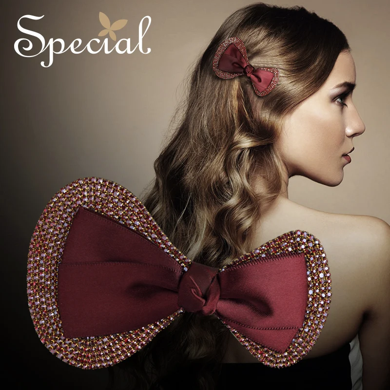 Special Fashion Luxury Red Hair Clips Rose Gold Rhinestones Hair Accessories Bowknot Barrettes