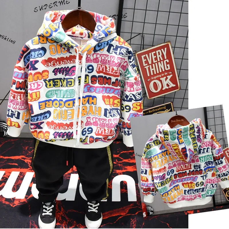 

Kids Hooded Long Sleeve Hooded Colorful Words Patchwork Thick Fleece Pullover Hoodies Clothing Sets Casual Sports Hoodie Sets