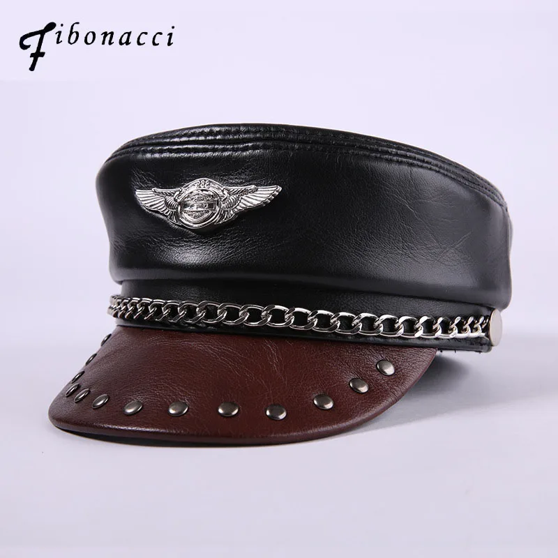 

Fibonacci Brand Quality Genuine Leather Black Military Cap Cowhide Flat Hats for Women Men Caps