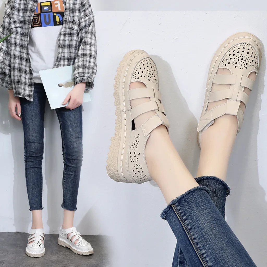 

shoes woman 2019 Casual Shoes Women's Shoes Pure color hook & loop Summer New Flat Bottom Roman Women's breathable Sandals