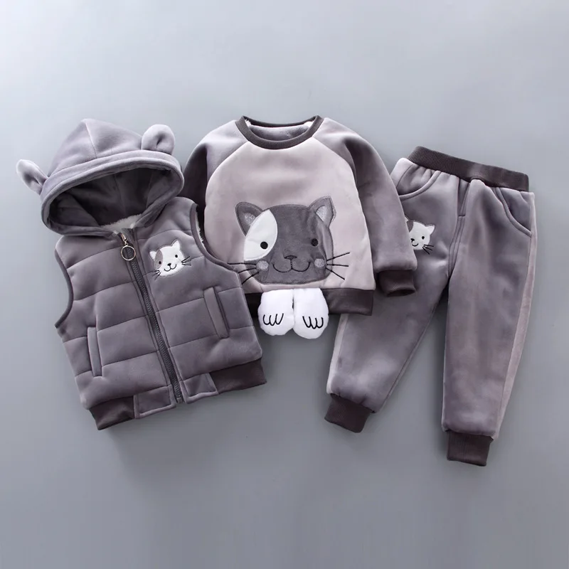 BibiCola/ Новая мода новорожденных Одежда для мальчиков и девочек комплекты зимняя Детская жилетка с капюшоном+ с длинным рукавом, с героями мультфильмов комплекты из футболки и штанов - Цвет: gray