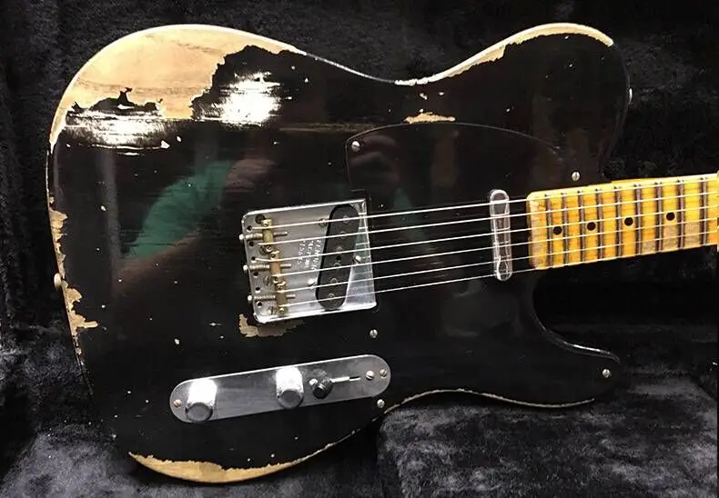 Tienda personalizada, TELE 6 cuerdas maple fingerboard guitarra eléctrica, relic telecaster gitaar. guitarra de color negro