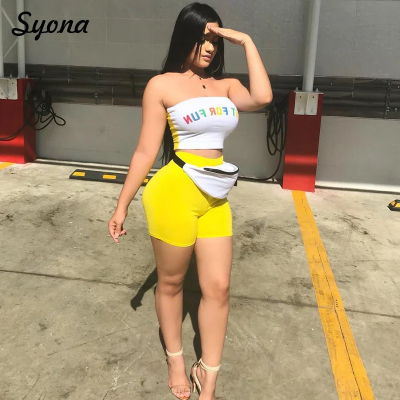 

2 TWO PIECE SET Shorts Women Tracksuit Tank Tube Top Strapless Lady Sexy Matching Suit Outfit Ensemble Short Femme Yellow Summer