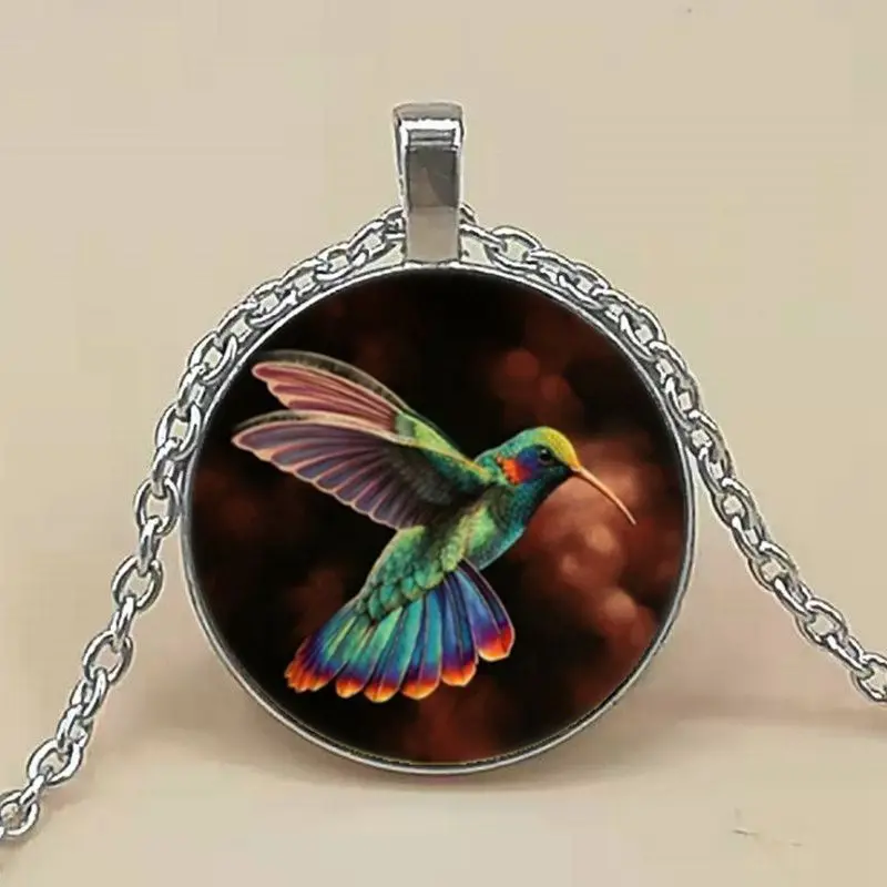 

Necklace Hummingbird Photo Tibet Silver Cabochon Glass Pendant Chain Necklace