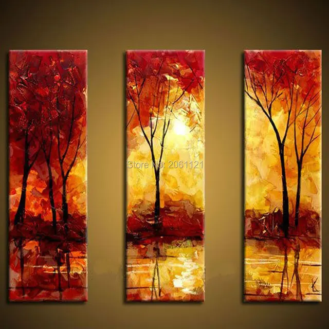 high quality abstract tree painting 3 piece red yellow canvas