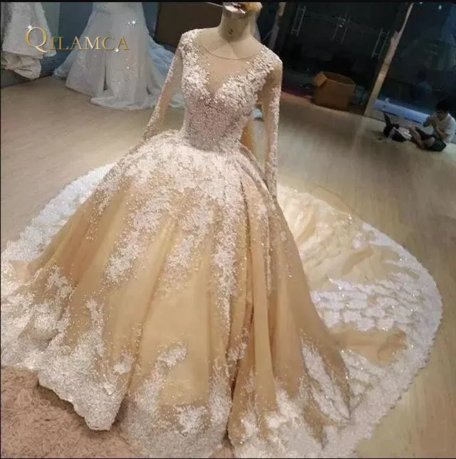 2018-champagne-bridal-gowns-with-white-lace-applique-jewel-sheer-neck-long-sleeves-wedding-gowns-back-zipper-sweep-train-custom-made-gowns