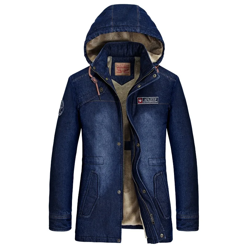Мужская зимняя утолщенная теплая ковбойская хлопковая куртка с капюшоном, мужская повседневная брендовая куртка размера плюс, джинсовая синяя флисовая куртка - Цвет: blue