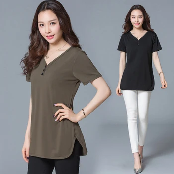 

M-4XL New Younth Women Cotton T-shirt Summer 2019 Casual Solid Color V-neck Loose T-shirt Slim Cotton Tops Tees Female Plus Size