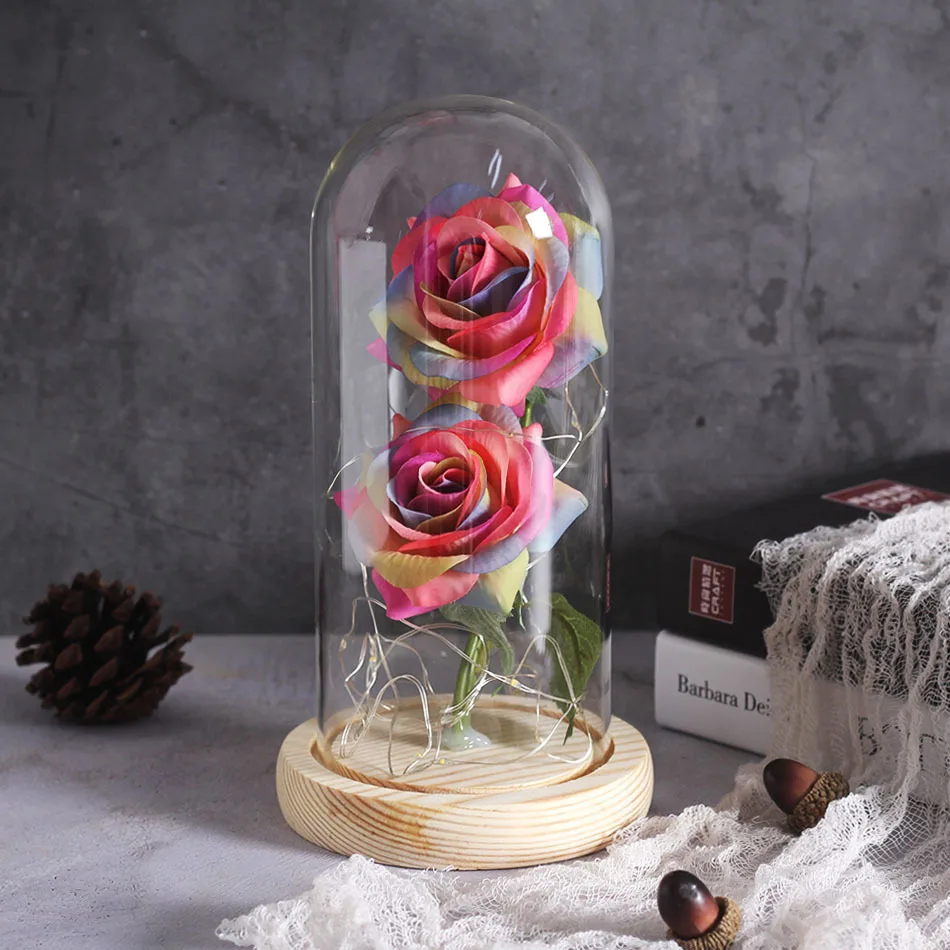Красота и чудовище вечный цветок розы в фляге свадебное украшение Искусственные цветы в стеклянной крышке на День святого Валентина подарки