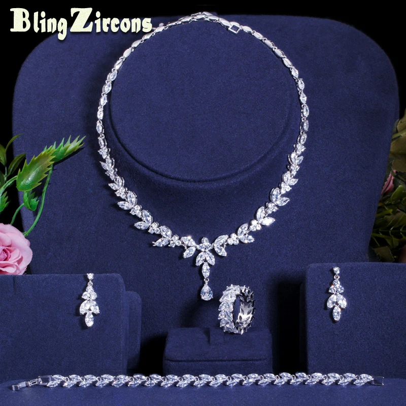 

BeaQueen Brilliant 4 pcs Wedding Costume Accessories Cubic Zircon Earrings Necklace Bracelet Ring Bridal Jewelry Sets JS184