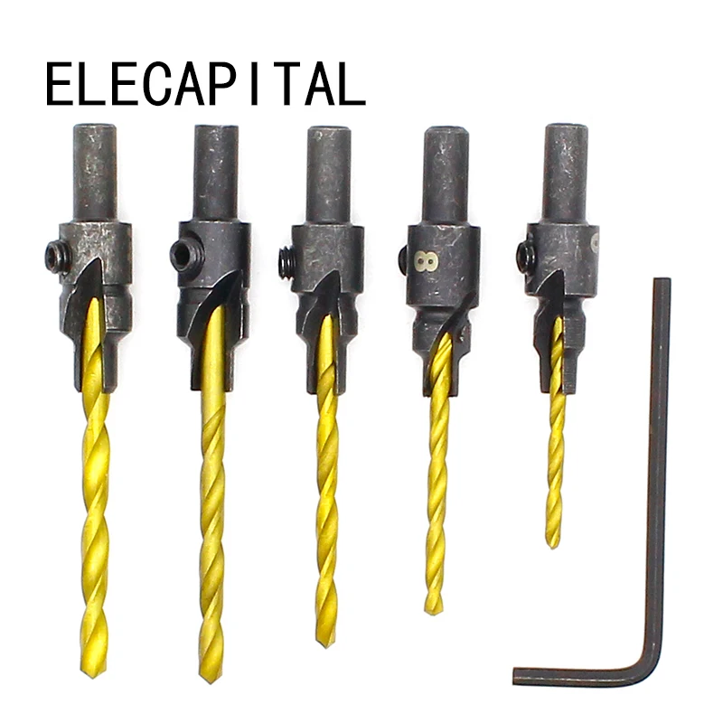 

5pcs Countersink Drill Woodworking Bit Set Drilling Pilot Holes For Screw Sizes #6 #8 #10 #12 And #14
