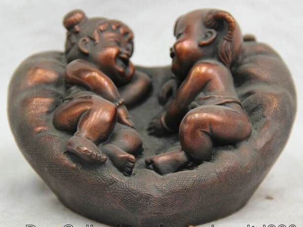 

JP S0522 5 " China Chinese Bronze Folk heart-shaped virgin boy maiden sleep Statue B0403