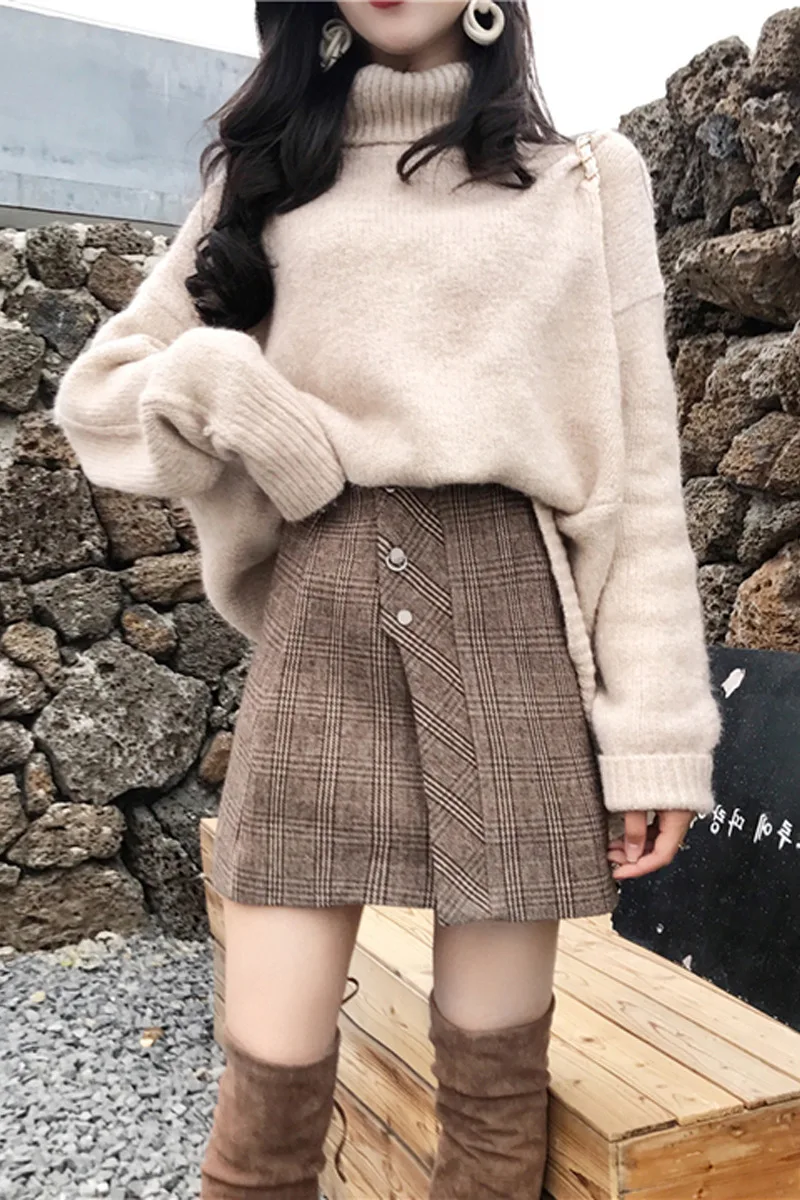 Комплект женский Водолазка в клетку ретро-пуловер теплый элегантный корейский стиль Женский универсальный для отдыха женская модная одежда для студентов