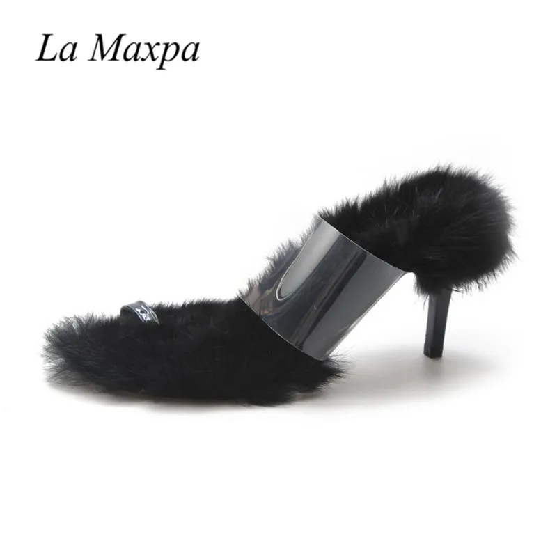 

La MaxPa Autumn Spring PVC Slippers Rabbit Fur Furry Slide Fleece Transparent Open Toe Half High Heel Stiletto Fashion Shoes