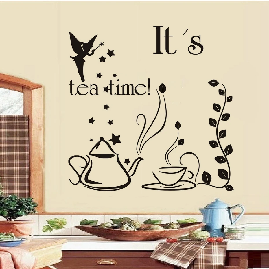 It's Tea Time Fairy With Wand Teapot And Cup Creative Design Diy Wall Stickers Kitchen Decal Home Decor Restaurant Decoration | Дом и сад