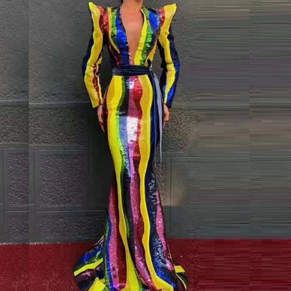 

Fashion 2019 Women Long Sleeve Sequin Dress Long Maxi Mesh Dresses Vetsidos Evening Party Celebrity V Neck Patchwork Multicolor