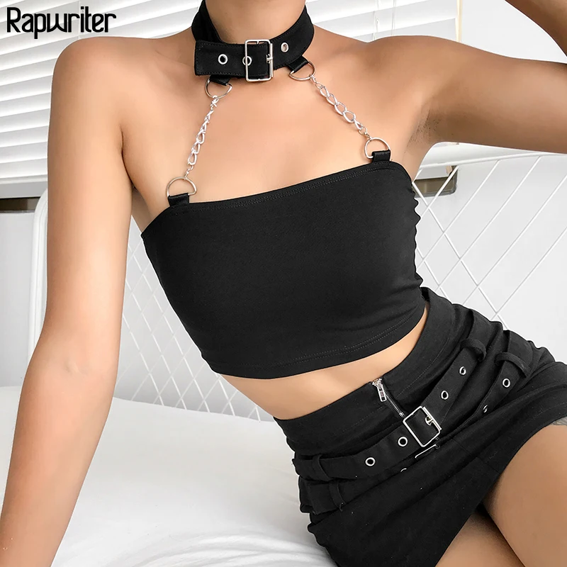 

Rapwriter Punk Style Chain Patchwork Black Cotton Adjustable Halter Tank Tops 2019 Summer Solid Sleeveless Women Cotton Crop Top