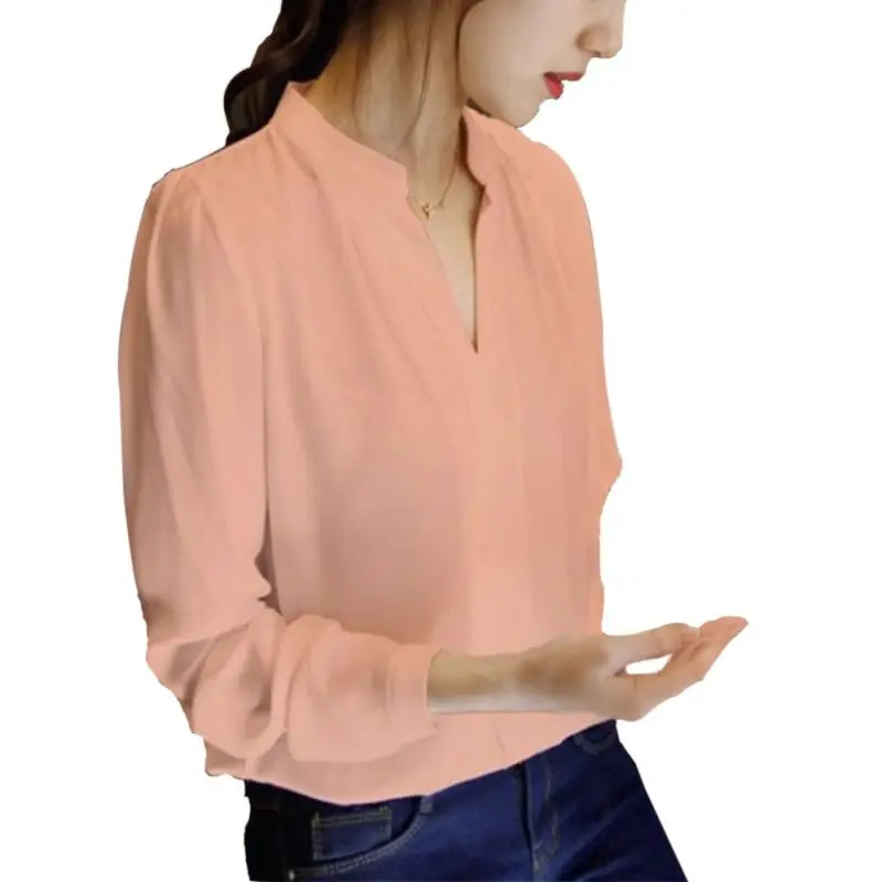 

2019 COCKON Brand Autumn Women Elegant Chiffon Shirt White Pink V-neck Long Sleeve Blouse Female Office Shirt