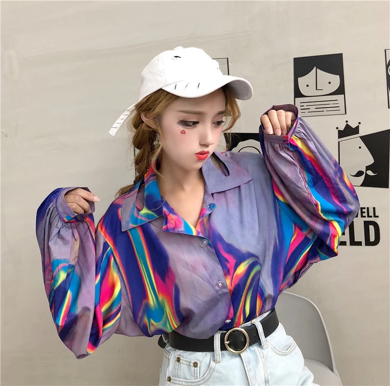 

Women Summer Long Sleeve Block Violet Gradient Tie Dye Print Sun Blouse Streetwear Harajuku Top Loose Shirt Korean Vintage Blusa
