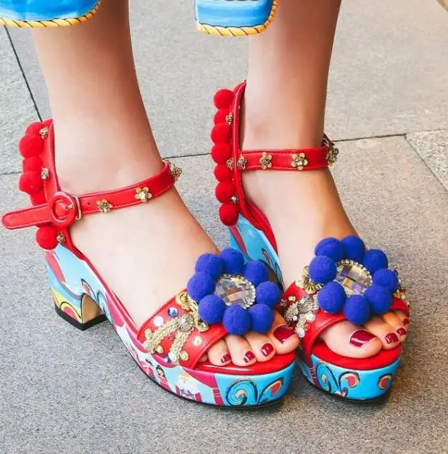 

Carpaton Hot Selling Open Toe Platform Sandal Rivets Studded Ankle Strap High Heel Shoes Woman Cutouts Printed Leather Sandal