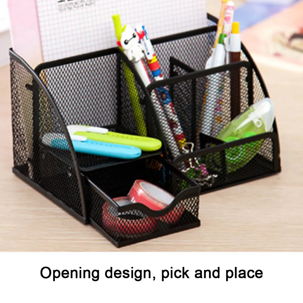 Download Metal Desk Organizer Combination Mesh Desktop Pencil Pen Badge Holder Storage Box Stationery ...