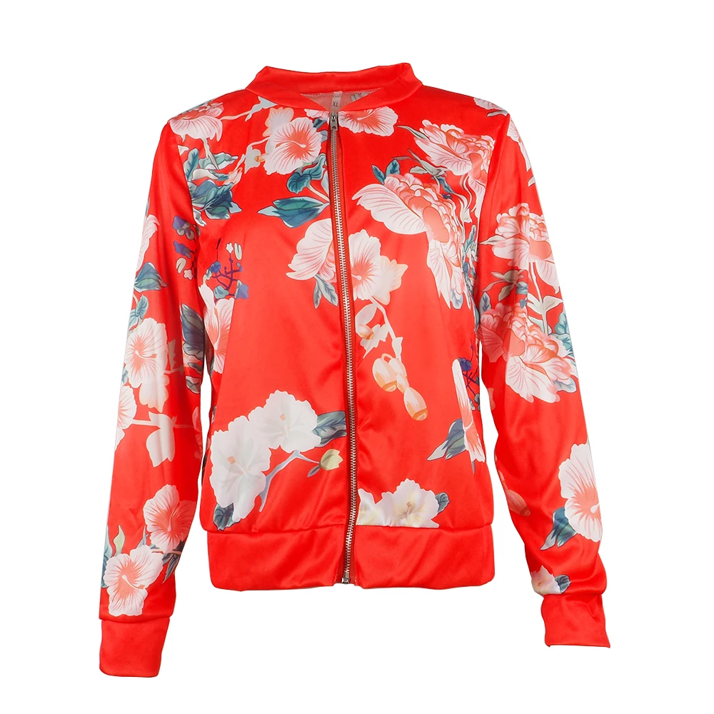 Fashion Floral Print Short Jacket Women Spring Summer Thin Long Sleeve Slim Bomber Jacket O-Neck Zipper Casual Plus Size Jacket