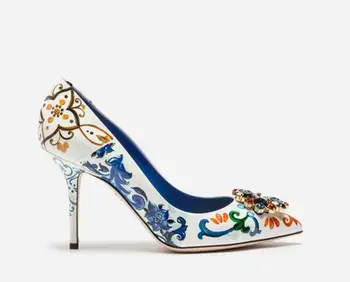 

2019 sparkle diamond women classic printed high heels thin heel flower pumps party shoes Bohemian shoes point toe dress shoes