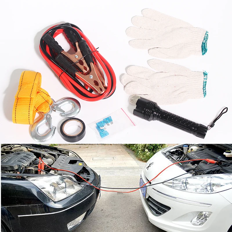 

Roadside Emergency Kit Portable Auto Set Car Tool Bag Vehicle Safety Kit Battery Cable Gloves Flashlight Tow Rope 6 PCS