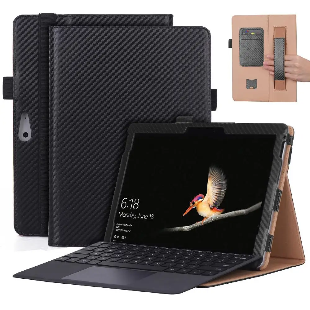

For Microsoft Surface Go 10 inch Carbon Fiber Pattern PU Leather Protective Case Hand Support Card Slot Pen Position Bracket r20