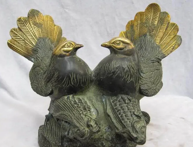 

Chinese Folk collection Old Bronze Gilt Two mandarin duck Bird on Corn maize free shipping