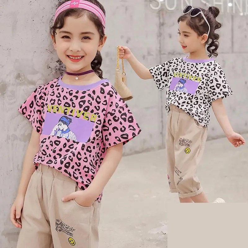 

Summer Girls Tracksuit 2019 Toddler Clothes Set Casual Girls Boutique Outfits Leopard Printed Tops Tees + Pants 8 10 12 14 Years