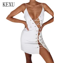 KEXU Sexy Hollow Out Bosycon Bandage Mini Dress Women Elegant Spaghetti Strap Sleeveless V-neck White Slim Summer Club Dress chic v neck sleeveless hollow out sequined club dress for women