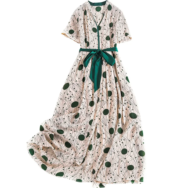 100% шелк летнее платье Для женщин Элегантный Boho пляжное мода горошек длинные