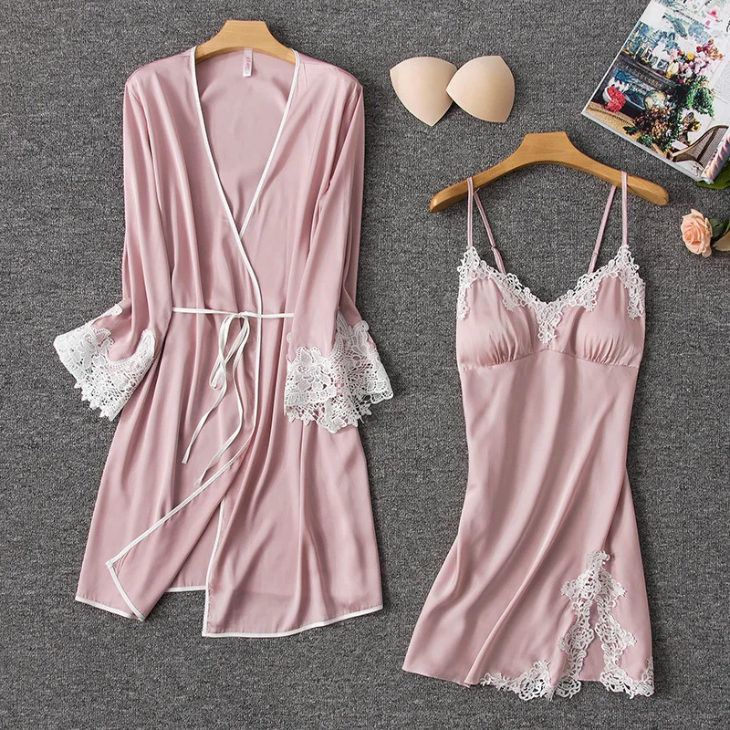 Для женщин пикантный Шелковый Атласный вечерний комплект с платьем из 2 предметов Кружева пижамы, ночной комплект летняя домашняя одежда
