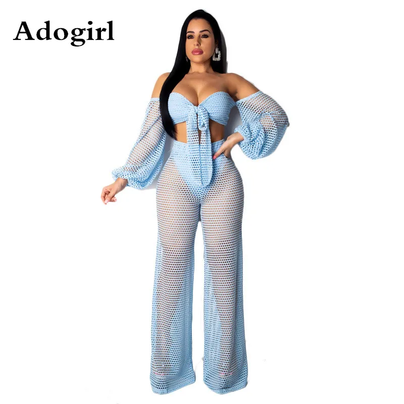 

Hollow Out Fishnet Women Sexy Two Pieces Set Off Shoulder Lace Up Crop Tops And High Waist Wide Leg Pants Summer Beach Outfits