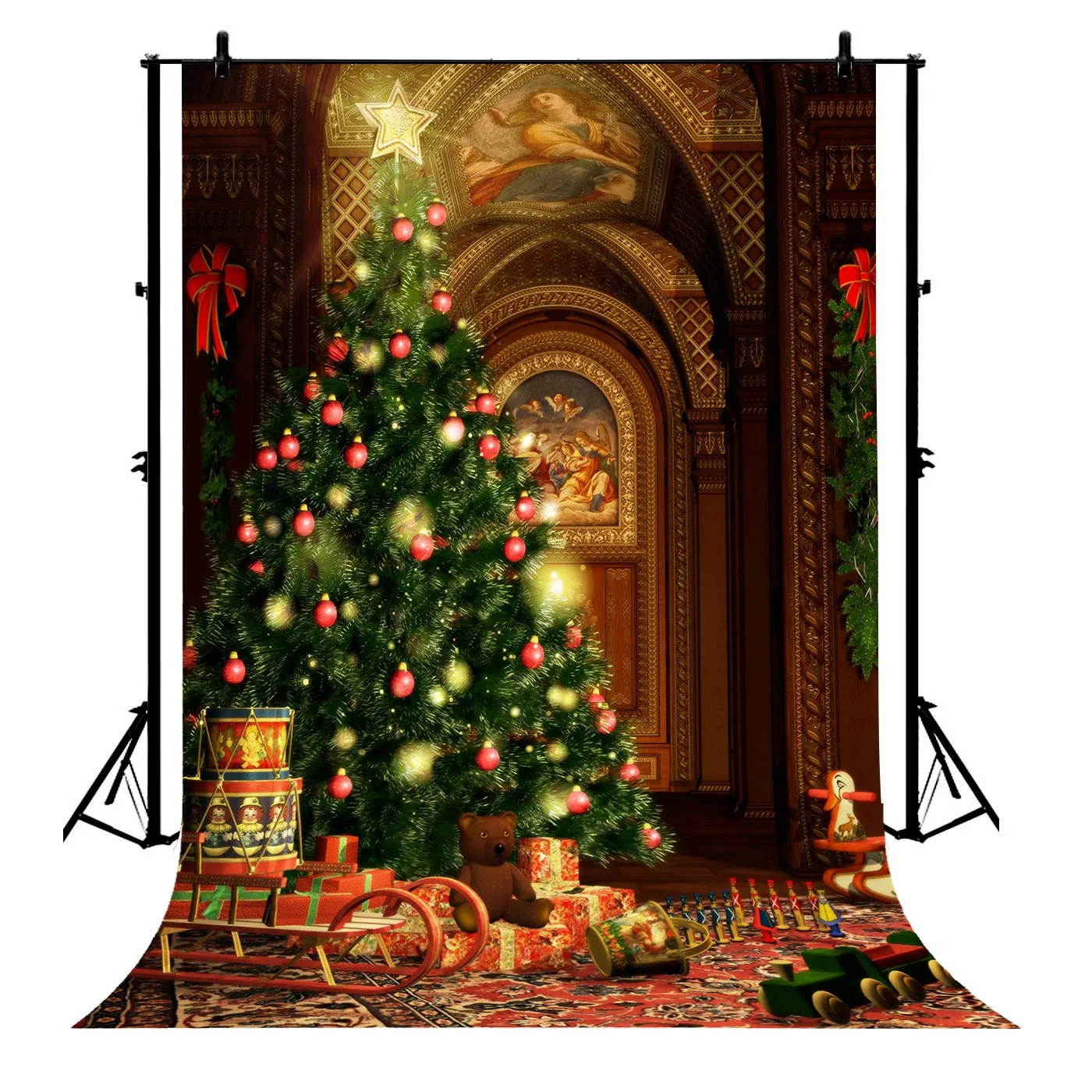 

5x7ft Xmas Fireplace Christmas Tree Polyester Photo Background Portrait Backdrop