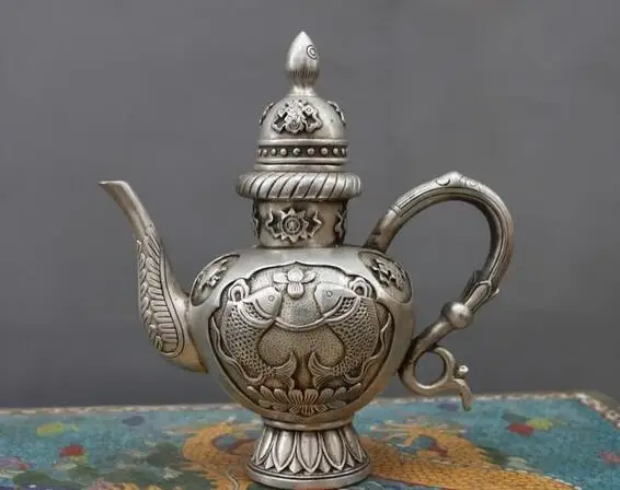 

Tibet Folk White Copper Silver Buddhism 8 treasures Two fish Flagon wine pot