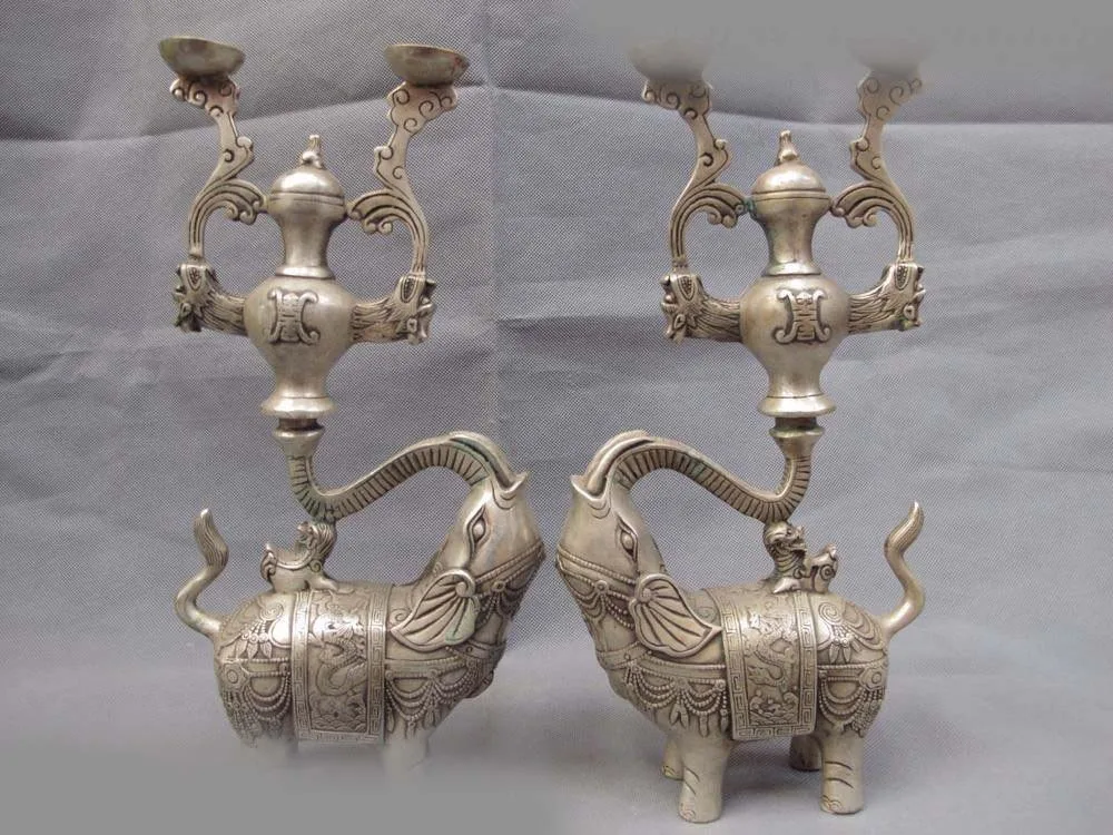 

Chinese Royal White Copper Silver Dragon Elephant Foo Dog Lion Candlestick Pair SD 506
